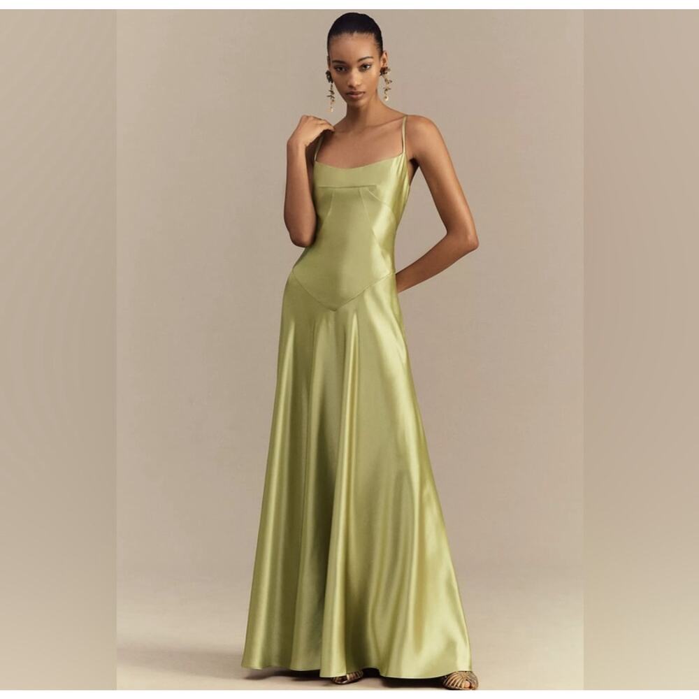 Anthropologie MARE MARE Emmy Satin Corset Lace Up Back Maxi Dress Silky Green